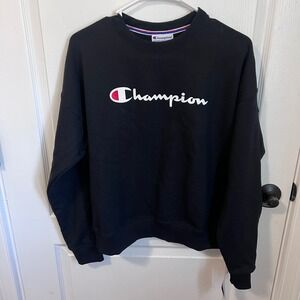 Champion Women Powerblend Fleece Pullover Sweatshirt Black Script Logo GF535 S